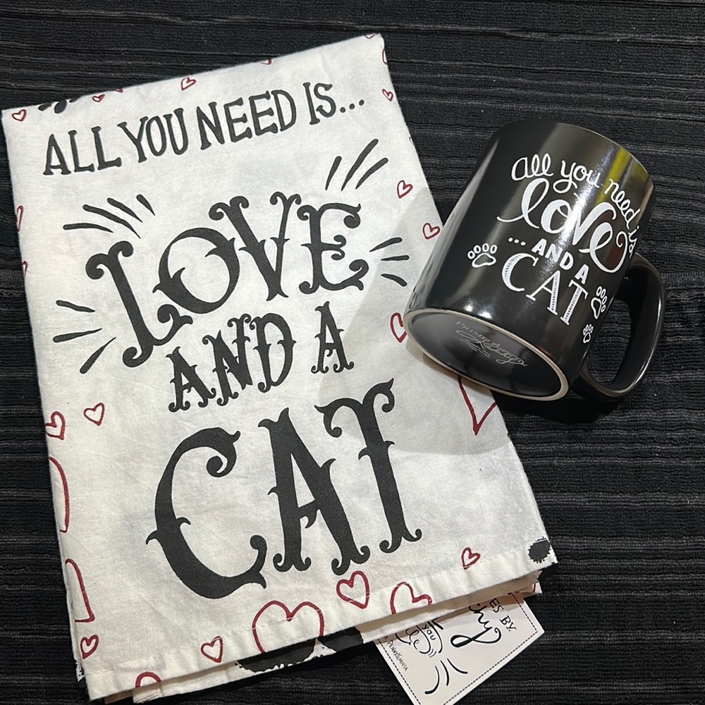 Primitives by Kathy~All You Need Is Love And A Cat Tea Towel & Mug Set